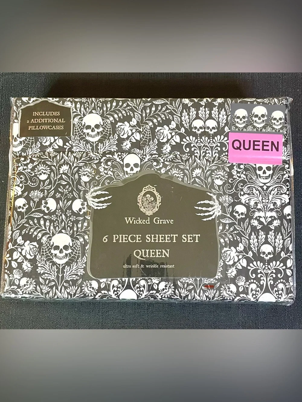 Halloween 6pc DP Queen Sheet Set Black White Damask Skulls Roses Webs Gothic NIP